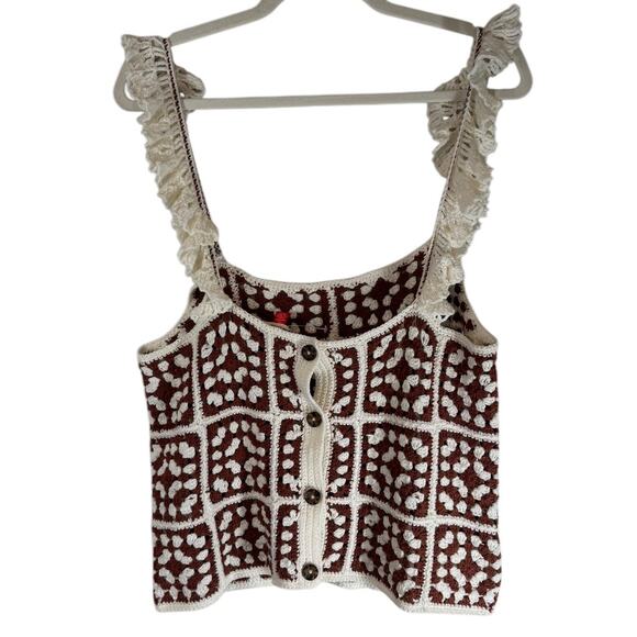 New Marine Layer Cora Crochet Tank Top Brown Cream Button Back Small - Picture 7 of 11